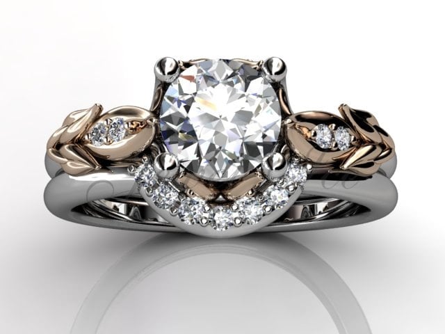 14K Ton Zwei Weiße Und Rosa Gold Diamant Ungewöhnliche Einzigartigen Floral Verlobungsring, Ehering, Engagement Set Er-1068-5 von Jewelice