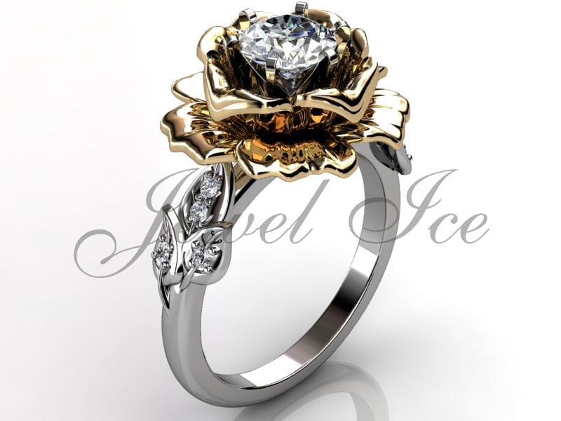 14K Weiß Und Gelbgold Diamant Einzigartiger Blumen Verlobungsring, Vintage Ehering, Versprechensring Für Sie, Geschenk Sie Er-1032-4 von Jewelice