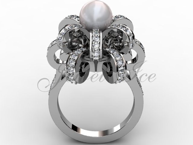 14K Weißgold Weiß Perlen Diamant Unikat Floraler Verlobungsring, Brautring, Ehering Er-1046-1 von Jewelice