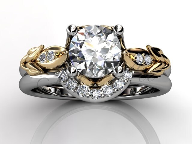 14K Zwei Weiße Und Gelbe Gold Diamant Ungewöhnliche Einzigartige Floral Verlobungsring, Ehering, Bridal Ring Tone, Engagement Set Er-1068-4 von Jewelice