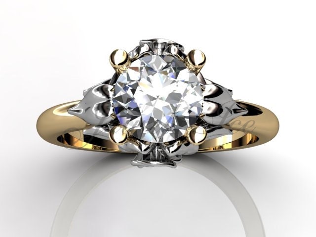 14K Zweifarbiger Gelb - Und Weißgold Diamant Ungewöhnlicher Einzigartiger Floraler Verlobungsring, Brautring, Ehering Er-1051-7 von Jewelice