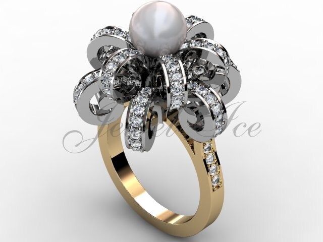 14K Zweifarbiger Gelb - Und Weißgold Perlen Diamant Unikat Floraler Verlobungsring, Brautring, Ehering Er-1046-7 von Jewelice