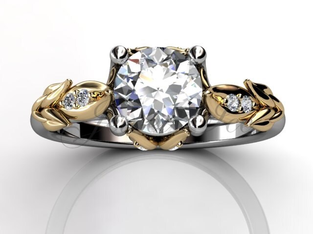 14K Zweifarbiger Weiß - Und Gelbgold Diamant Ungewöhnlicher Einzigartiger Floraler Verlobungsring, Brautring, Ehering Er-1047-4 von Jewelice