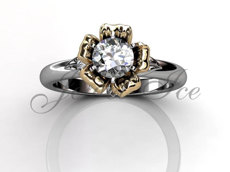 14K Zweifarbiger Weiß Und Gelbgold Diamant Unikat Blumen Verlobungsring, Brautring, Ehering Er-1048-4 von Jewelice