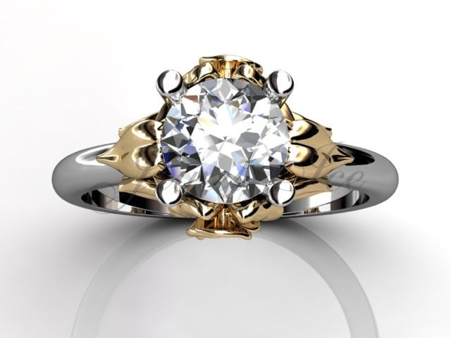 14K Zweifarbiger Weißer Und Gelbgold Diamant Ungewöhnlicher Einzigartiger Floraler Verlobungsring, Brautring, Ehering Er-1051 - 4 von Jewelice