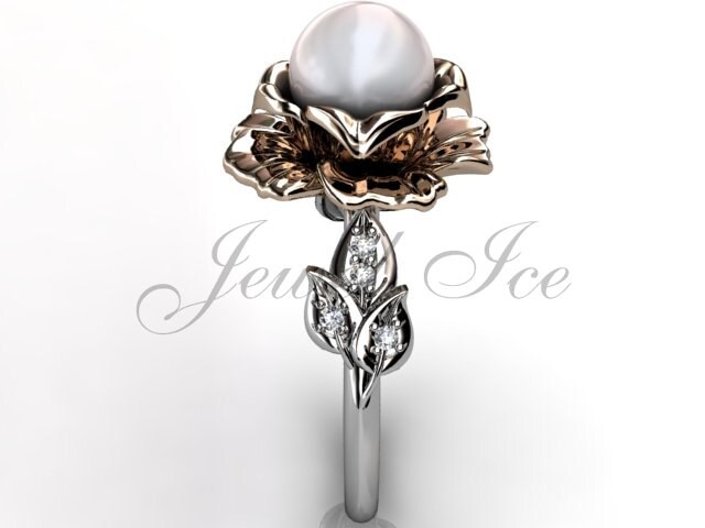 14K Zweifarbiger Weißer Und Roségold Perlen Diamant Ungewöhnlicher Einzigartiger Floraler Verlobungsring, Brautring Er-1044-5 von Jewelice