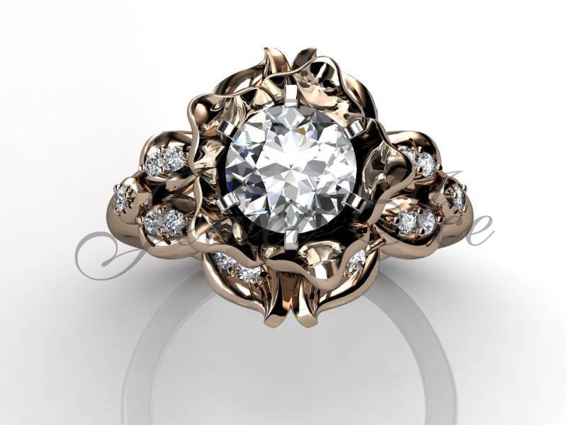 Blätter Und Blumen Verlobungsring - 14K Roségold Diamant Unikat Blatt Verlobungsring, Floral Ehering Er-1058-3 von Jewelice