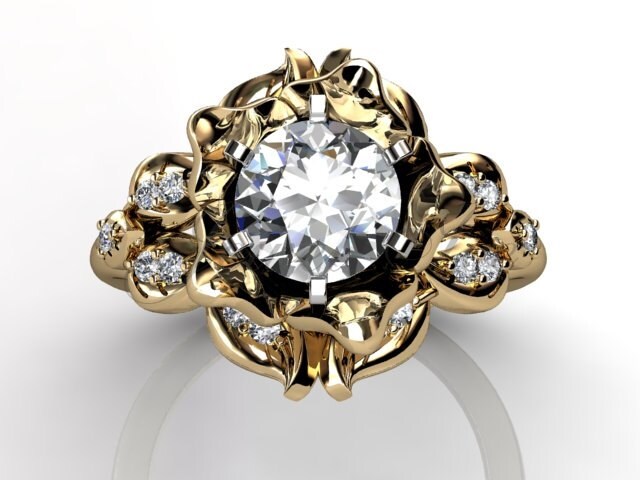 Blätter & Blumen Verlobungsring - 14K Gelbgold Diamant Blatt Und Blumenstrauß Einzigartiger Verlobungsring, Ehering Er-1058-2 von Jewelice