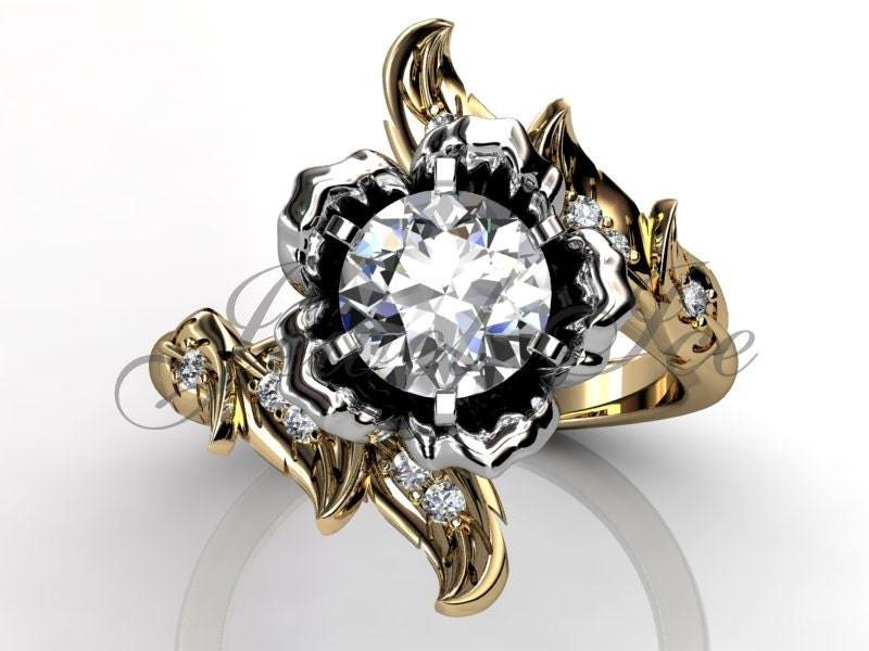 Blatt Und Blume Verlobungsring - 14K, Die Gelb Weiß Gold Diamond Versprechen Ring Verlobungsring, Floral Ehering, Lässt Er-1071-7 von Jewelice