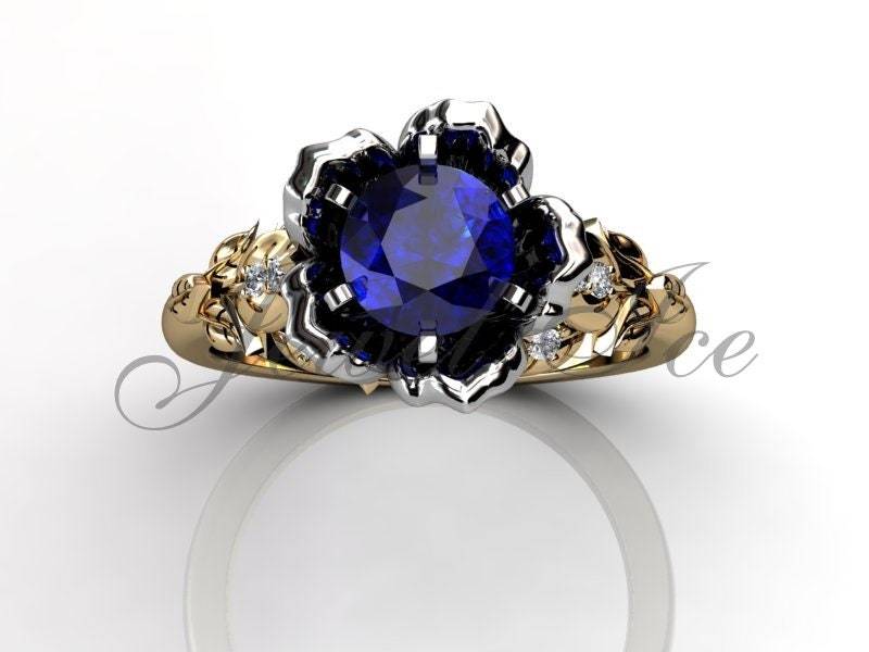Blauer Saphir & Diamant Verlobungsring, 14K Gelb Weißgold Blatt Und Blumen Verlobungsring September Geburtsstein Ring Br-1033-7S von Jewelice