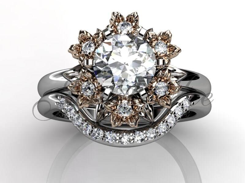 Blume-Engagement Set - 14K Weiß Und Stieg Gold Diamant Einzigartige Blume-Verlobungsring, Ehering, Flower Engagement Set Er-1108-5 von Jewelice