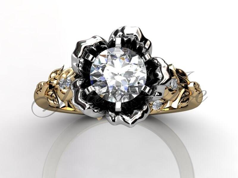 Blume Verlobungsring, 14K Gelb Und Weißgold Diamant Ungewöhnlicher Einzigartiger Blumen Ehering, Versprechensring Er-1033-7 von Jewelice