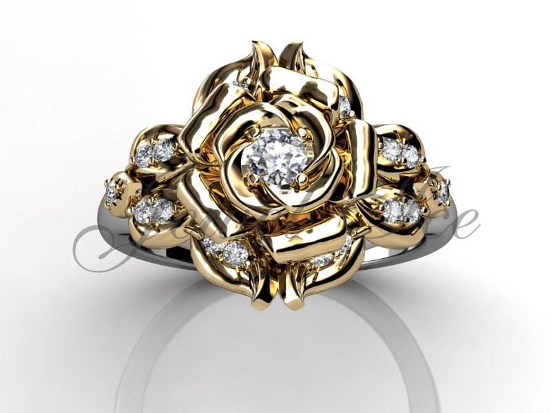 Blume Verlobungsring, 14K Weiß Und Gelb Gold Diamant Einzigartige Verlobungsring Ehering Blatt Ring Art Deco E.r-1125-4 von Jewelice