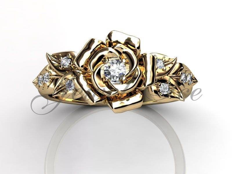 Blume-Verlobungsring - 14 K Gelbgold Diamant Ungewöhnliche Einzigartige Blatt Und Rebe Blume Verlobungsring Ehering Jahrestag Ring Er-1137-2 von Jewelice