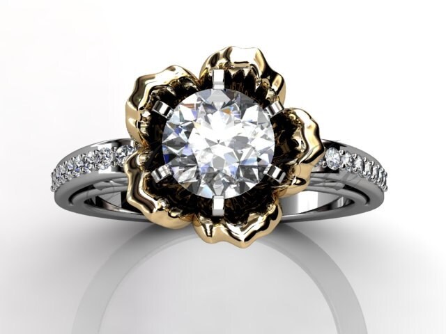 Blume Verlobungsring - 14 K Weiß Und Gelb Gold Diamant Einzigartige Art-Deco Verlobungsring, Ehering, Jahrestag Ring E.r-1077-4 von Jewelice