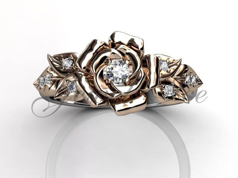 Blume-Verlobungsring - 14 K Weiß Und Rose Gold Diamant Einzigartige Blume Verlobungsring Ehering Blatt Ring Jubiläum E.r-1137-5 von Jewelice