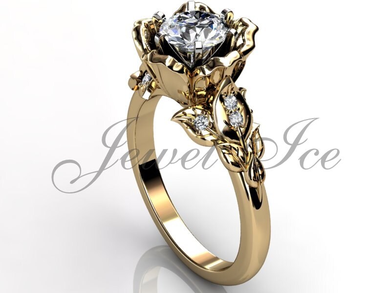 Blume Verlobungsring - 14K Gelbgold Diamant Ungewöhnlicher Einzigartiger Blatt Und Blumen Verlobungsring, Ehering, Er-1033-2 von Jewelice