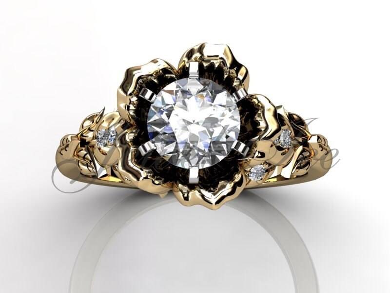 Blume Verlobungsring - 14K Gelbgold Diamant Ungewöhnlicher Einzigartiger Blatt Und Blumen Verlobungsring, Ehering, Er-1033-2 von Jewelice