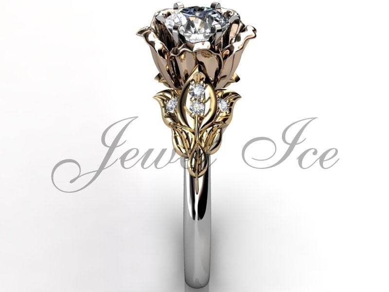 Blume Verlobungsring - 14K Weiß, Rose Und Gelbgold Diamant Ungewöhnliches Unikat Blatt & Blumen Verlobungsring, Ehering Er-1033-8 von Jewelice