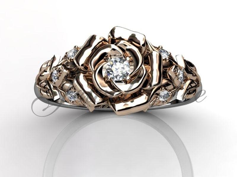 Blume Verlobungsring - 14K Weiß Und Roségold Diamant Unikat Blumen Verlobungsring, Ehering, Jahrestag Ring Er-1059-5 von Jewelice
