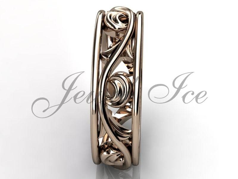 Blumen Hochzeit Band - 14 K Rose Gold Ungewöhnliche Einzigartige Art-Deco-Blatt Und Rebe Floral Ehering Pfund-2029-3 von Jewelice