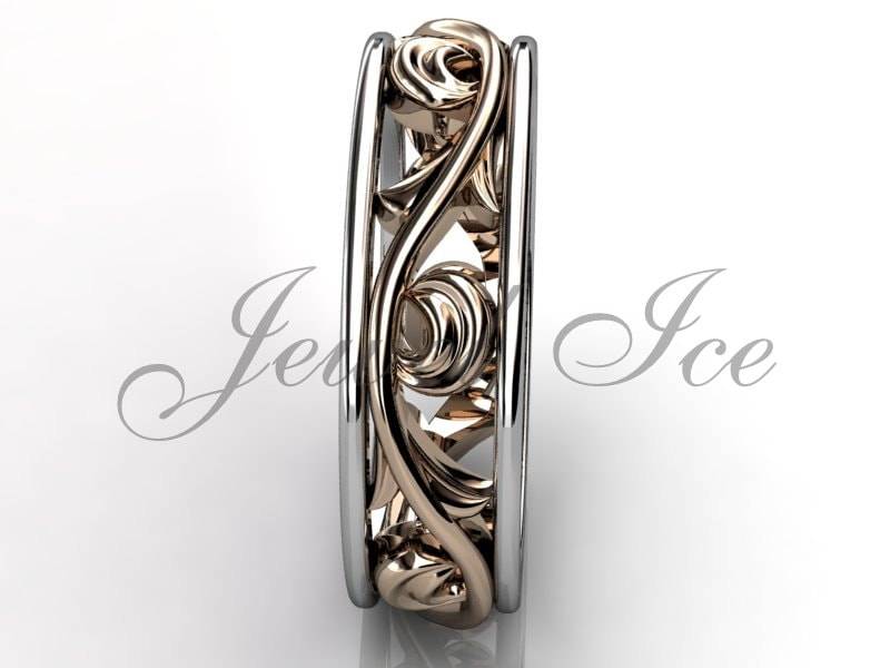 Blumen Hochzeit Band - 14 K Weiß Und Rose Gold Ungewöhnliche Einzigartige Art-Deco-Blatt Rebe Floral Ehering Pfund-2029-5 von Jewelice