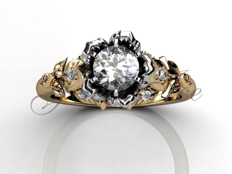 Blumen Verlobungsring - 14K Gelb Und Weiß Gold Diamant Unikat Verlobungsring, Hochzeitsring Er-1116-7 von Jewelice