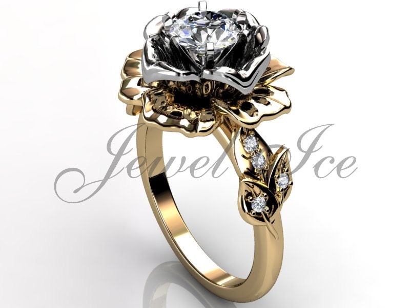 Blumen Verlobungsring - 14K Gelb Und Weiß Gold Diamant Unikat Verlobungsring, Vintage Ehering, Muttertag Geschenk Er-1032-7 von Jewelice