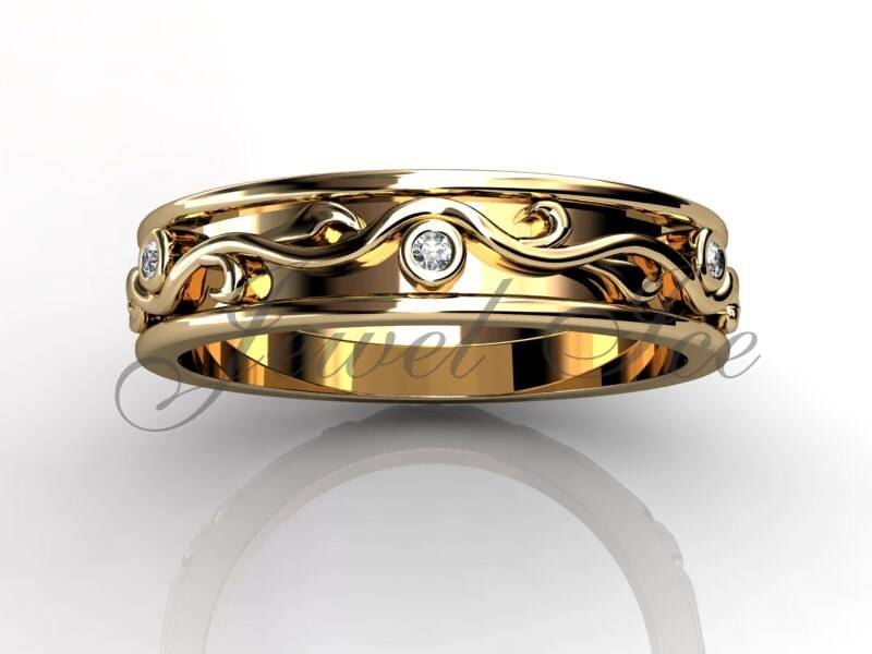 Floral Ehering - 14 K Gelb Gold Diamond Ungewöhnliche Einzigartigen Blatt Und Rebe Hochzeitsband lb-2017-2 von Jewelice