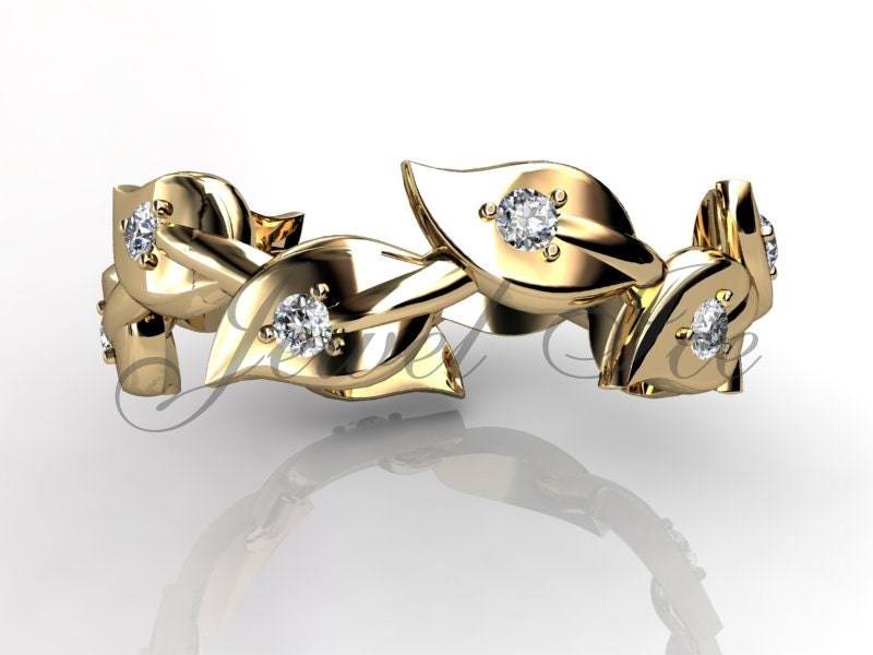 Floral Ehering - 14 K Gelb Gold Diamond Ungewöhnliche Einzigartigen Blatt Und Rebe Hochzeitsband lb-2019-2 von Jewelice