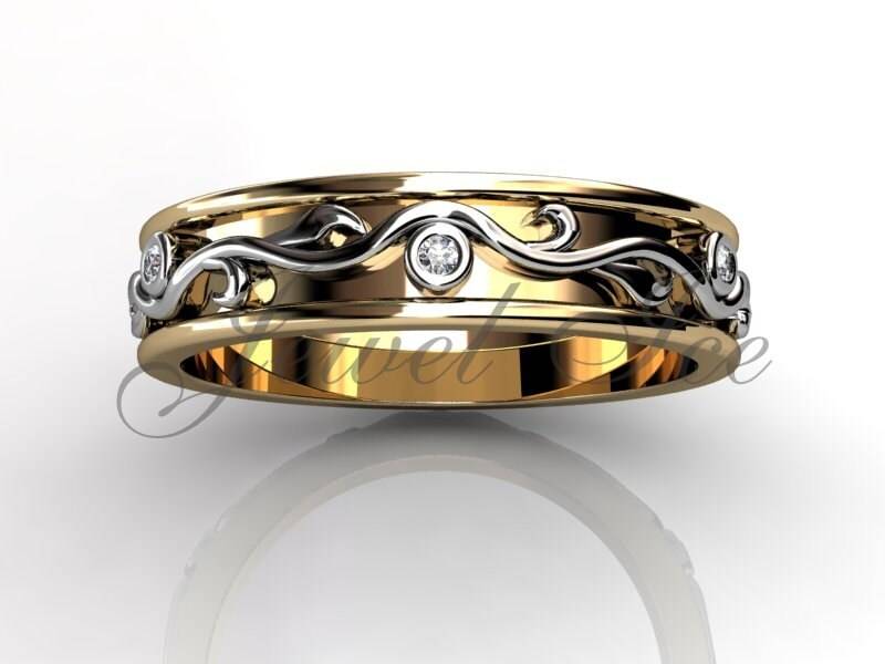 Floral Ehering - 14 K Gelb Und Weiß Gold Diamond Ungewöhnliche Einzigartige Blatt Rebe Hochzeitsband lb-2017-7 von Jewelice