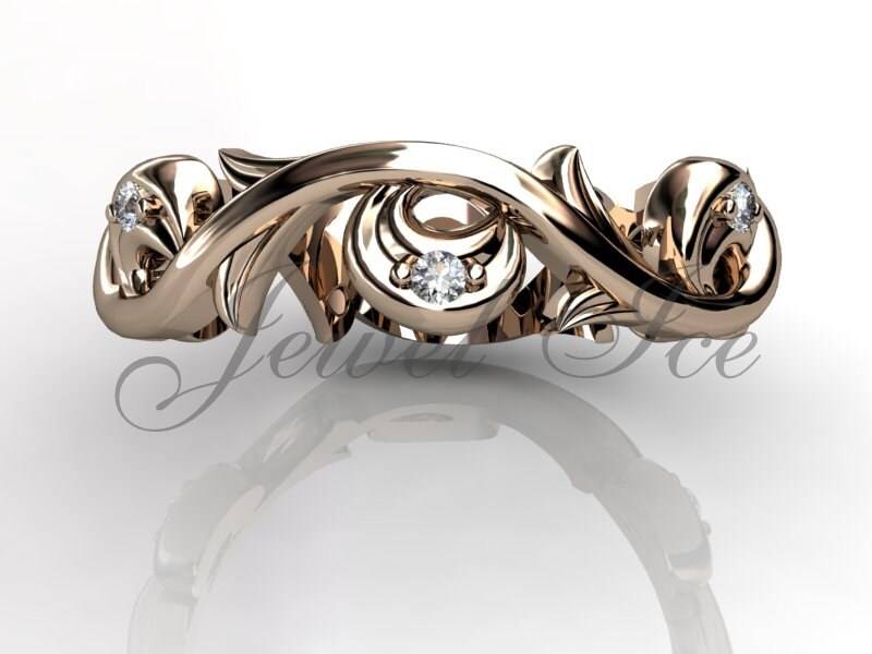 Floral Ehering - 14 K Rose Gold Diamond Ungewöhnliche Einzigartigen Blatt Und Rebe Hochzeitsband lb-2020-3 von Jewelice