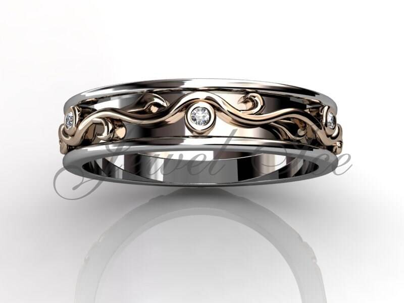 Floral Ehering - 14 K Weiß Und Rose Gold Diamond Ungewöhnliche Einzigartigen Blatt Rebe Pfund-2017-5 von Jewelice