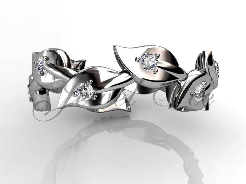 Floral Ehering - 14 K Weißgold Diamond Ungewöhnliche Einzigartigen Blatt Und Rebe Hochzeitsband Pfund-2019-1 von Jewelice