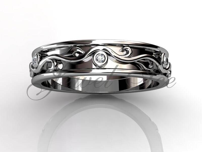 Floral Ehering - 14 K White Gold Diamond Ungewöhnliche Einzigartige Blatt Und Rebe Hochzeitsband lb-2017-1 von Jewelice