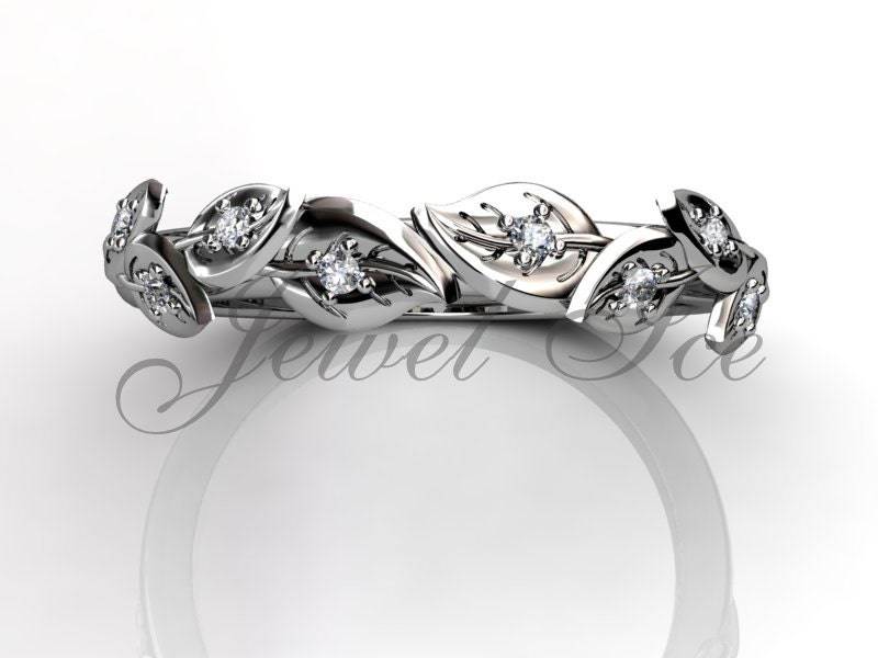 Floral Ehering - 14 K White Gold Diamond Ungewöhnliche Einzigartige Blatt Und Rebe Hochzeitsband lb-2027-1 von Jewelice