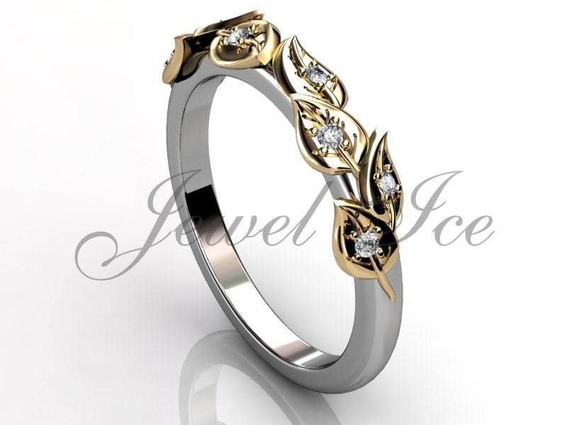 Floral Ehering - 14K Weiß Und Gelb Gold Diamond Ungewöhnliche Einzigartigen Blatt Rebe Hochzeitsband lb-2027-4 von Jewelice