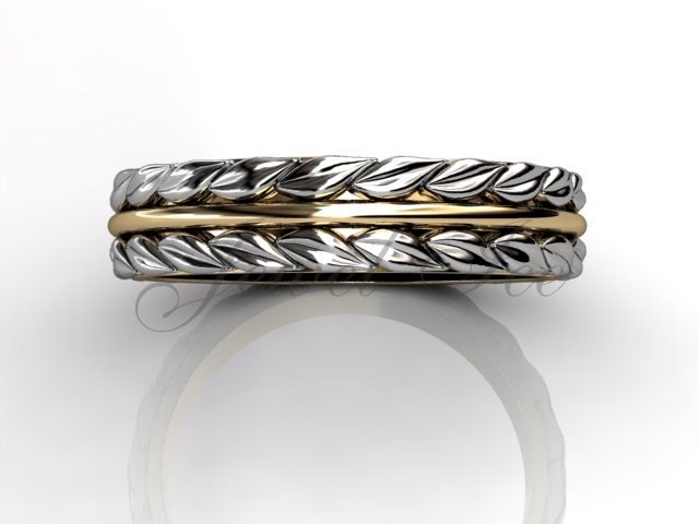 Floral Hochzeitsband - 14 K Gelb Und Weiß Gold Einzigartige Blatt Rebe Hochzeit Band Pfund-2028-7 von Jewelice