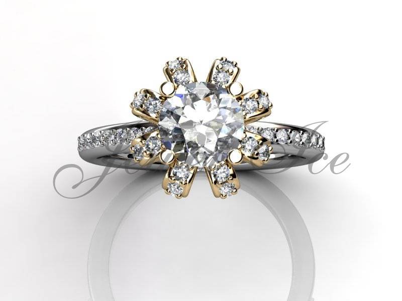 Krone Verlobungsring - 14 K Weiß Und Gelb Gold Diamant Einzigartige Art-Deco Verlobungsring, Jahrestagsring Ehering E.r-1136-4 von Jewelice