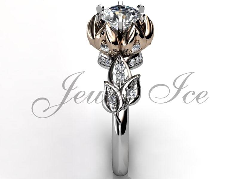 Lotus Flower Verlobungsring - 14K Weiß Und Rosa Gold Diamant Einzigartigen Blume Verlobungsring, Ehering, Jahrestag Ring Er-1106-5 von Jewelice