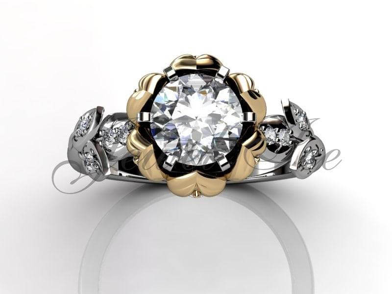 Lotus Flower Verlobungsring - 14K Weiß & Gelb Gold Diamant Einzigartigen Blume-Verlobungsring, Ehering, Jahrestag Ring Er-1106-4 von Jewelice