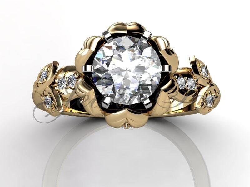 Lotusblüte Verlobungsset - 14K Gelbgold Diamant Unikat Blumen Verlobungsring, Braut Set, Ehering Er-1109-2 von Jewelice