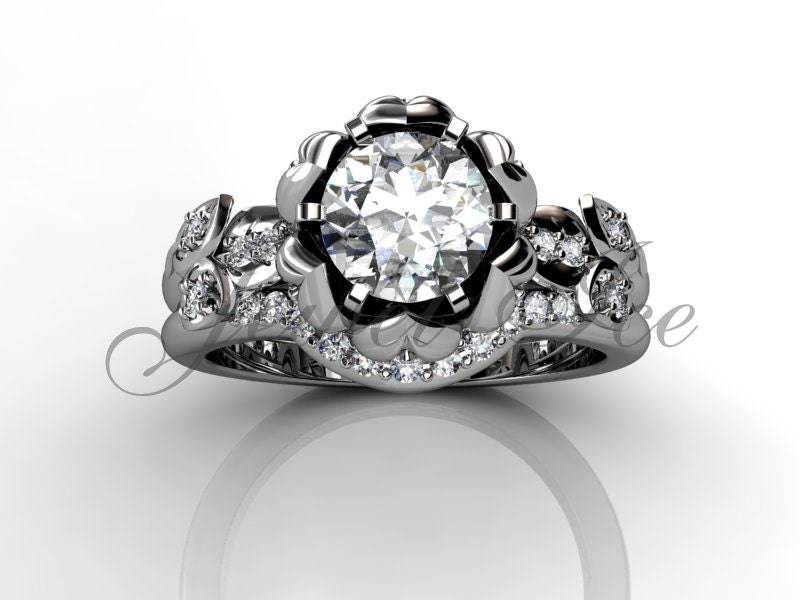 Lotusblüte Verlobungsset - 14K Weißgold Diamant Ungewöhnlicher Einzigartiger Blumen Verlobungsring, Braut Set, Ehering Er-1109-1 von Jewelice
