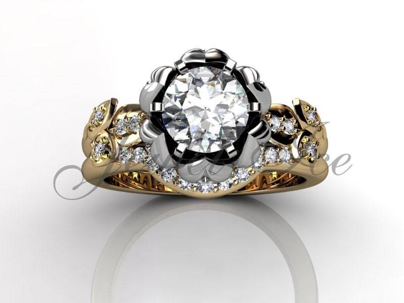 Lotusblüte Verlobungsset - 14K Zweifarbig Gelb Und Weiß Gold Diamant Unikat Blumen Verlobungsring, Braut Set, Ehering Er-1109-7 von Jewelice