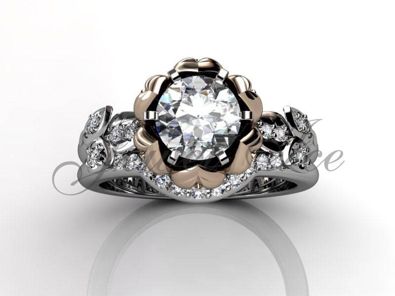Lotusblüte Verlobungsset - 14K Zweifarbig Weiß Und Roségold Diamant Unikat Blumen Verlobungsring, Braut Set, Ehering Er-1109-5 von Jewelice