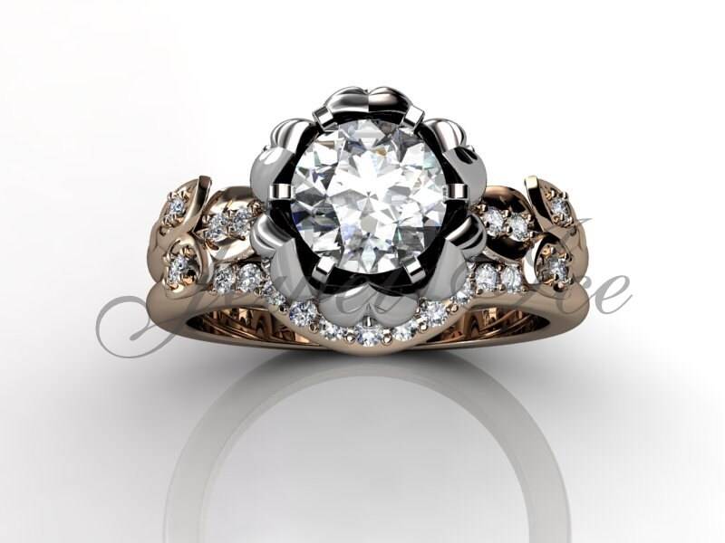 Lotusblüte Verlobungsset - 14K Zweifarbiger Rosé Und Weißgold Diamant Unikat Blumen Verlobungsring, Braut Set, Ehering Er-1109-6 von Jewelice