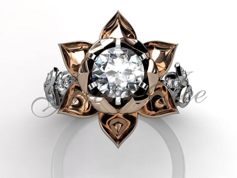 Lotusblume Verlobungsring - 14K Weiß Und Roségold Forever Brilliant Moissanit Diamant Unikat Lotusblüte Ermz-1076-5 von Jewelice