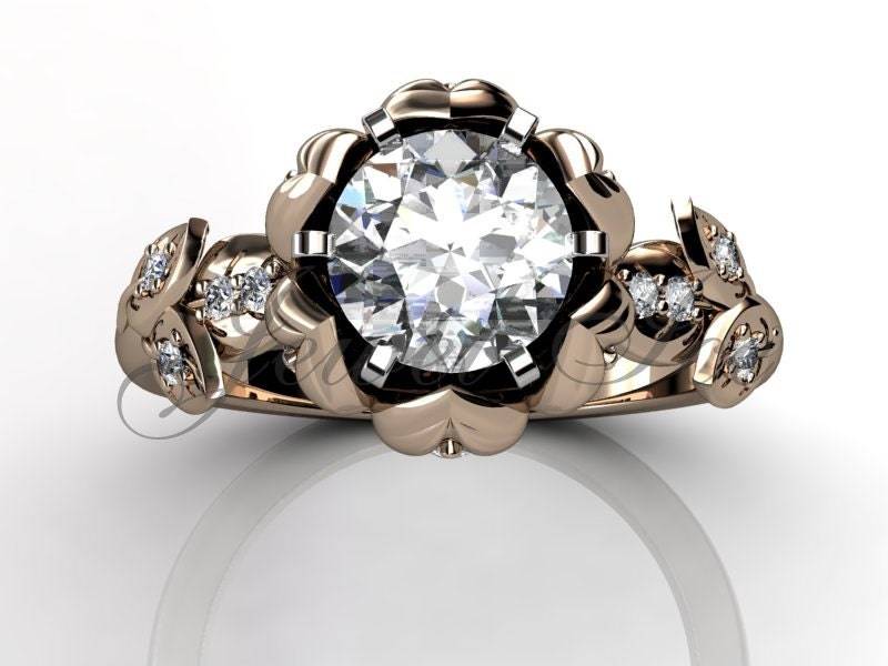 Lotusblume Verlobungsset - 14K Roségold Diamant Ungewöhnlicher Einzigartiger Blumen Verlobungsring, Braut Set, Ehering Er-1109-3 von Jewelice