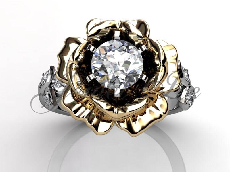 Moissanit Verlobungsring - 14K Weiß Und Gelbgold Unikat Diamant Forever One Verlobungsring, Getrocknete Blume Kunst Ermz-1032-4 von Jewelice