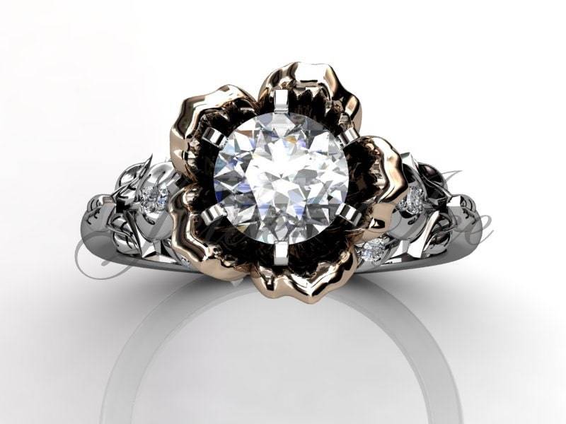 Moissanit Verlobungsring - 14K Weiß Und Roségold Forever One Verlobungsring, Blume Ehering, Ring Ermz-1033-5 von Jewelice